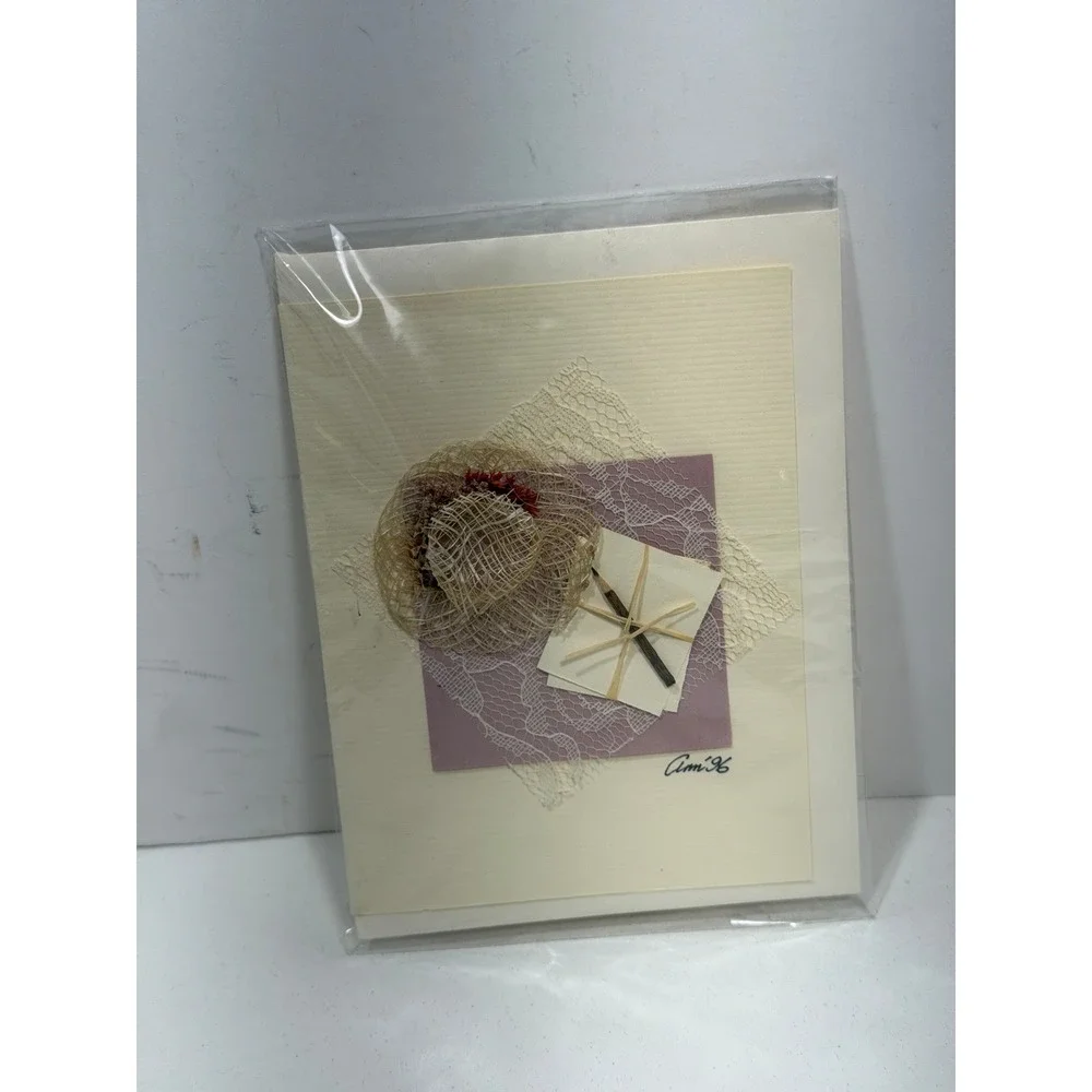 Vintage 1996 Handcrafted 3D Mixed Media Greeting Card Mini Straw Hat Lace Signed